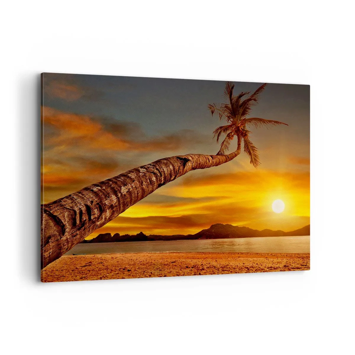 Bild auf Leinwand - Leinwandbild - Palme am Strand bei Sonnenuntergang mit Blick auf das Meer - 100x70cm - Exotischer Urlaub, karibisches Abenteuer - Moderne Wanddekoration für Wohnzimmer und Schlafzimmer ARTTOR