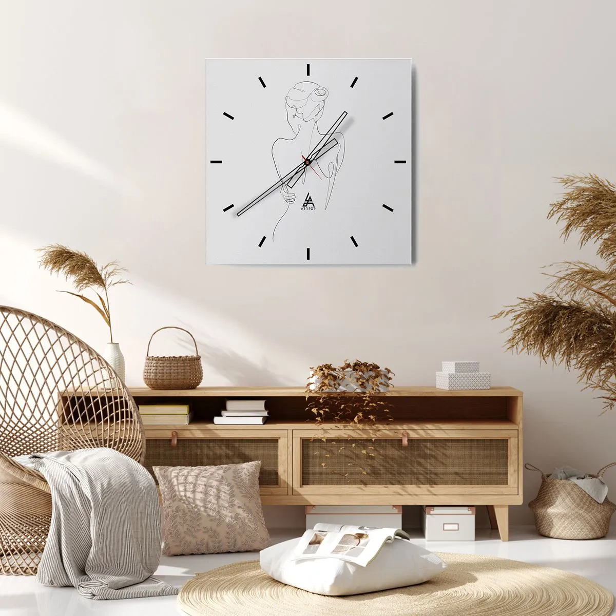 Wanduhr - Glasuhr - Eine Konturlinie, die eine weibliche Silhouette vor einem hellen Hintergrund zeigt - 30x30cm - Körpermusik - Moderne Wanddekoration für Wohnzimmer und Schlafzimmer ARTTOR