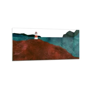 Glasbild - Bild auf glas - Ein Leuchtturm vor der Kulisse von Bergen und Meer - 120x50cm - Aufs Meer starren - Moderne Wanddekoration für Wohnzimmer und Schlafzimmer ARTTOR