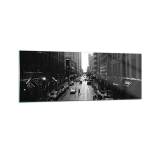 Glasbild - Bild auf glas - Eine schwarz-weiße Straße mitten in der Stadt mit Autos und Fußgängern - 140x50cm - Ein weiterer Tag wie jeder andere Tag - Moderne Wanddekoration für Wohnzimmer und Schlafzimmer ARTTOR