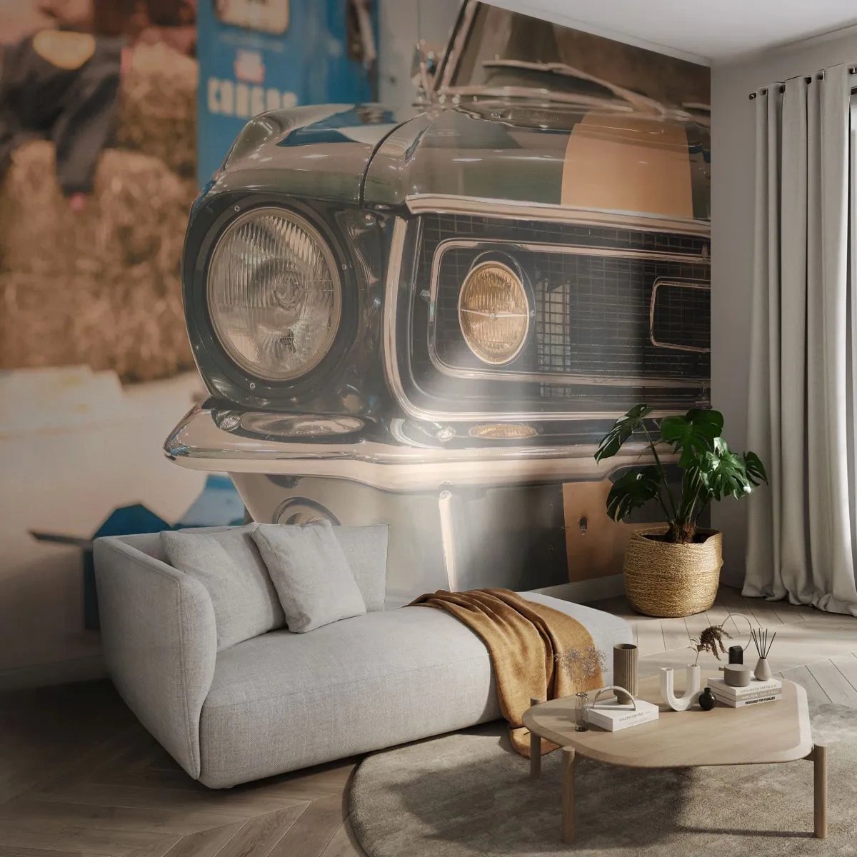 Fototapete Premium Sand - Nahaufnahme eines klassischen Retro-Autos in einer Garage - 100x70cm - Treffen mit einer Legende - Moderne Wanddekoration für Wohnzimmer und Schlafzimmer ARTTOR