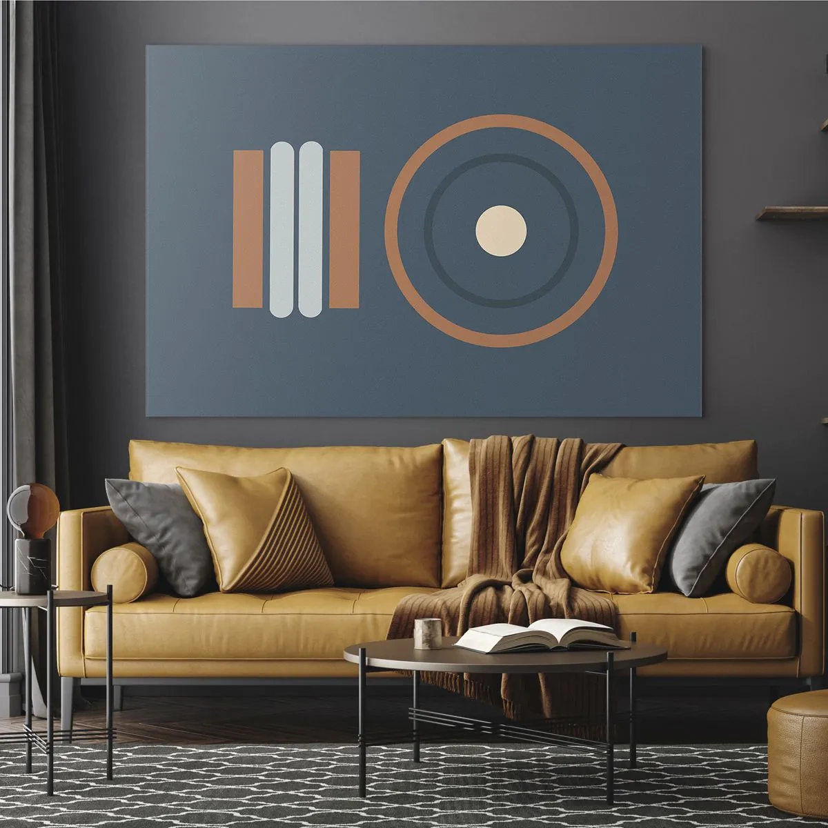 Glasbild - Bild auf glas - Abstrakte geometrische Formen in gedeckten Farben, mit Kreisen und Linien - 70x50cm - Das Wesen der Dinge - Moderne Wanddekoration für Wohnzimmer und Schlafzimmer ARTTOR
