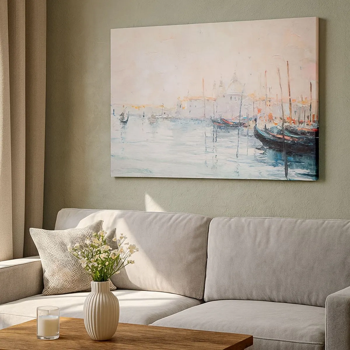 Bild auf Leinwand - Leinwandbild - Malerischer Blick auf die Kanäle mit pastellfarbenen Booten - 70x50cm - Hinter dem Wasser, hinter dem Nebel - Moderne Wanddekoration für Wohnzimmer und Schlafzimmer ARTTOR