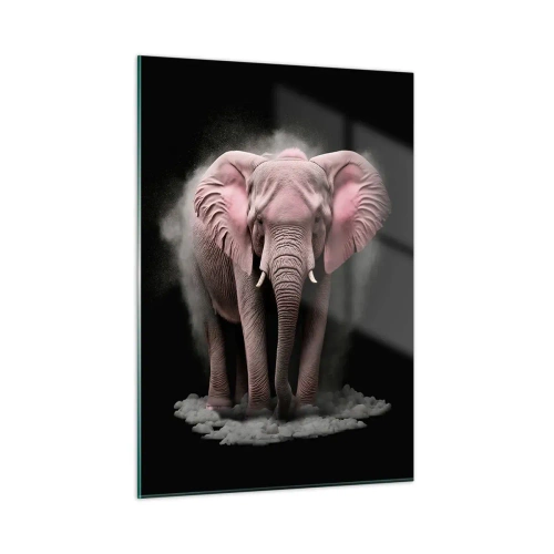 Glasbild - Bild auf glas - Ein rosa Elefant auf schwarzem Hintergrund, umgeben von einer Staubwolke. - 50x70cm - Denke nicht an einen rosa Elefanten! - Moderne Wanddekoration für Wohnzimmer und Schlafzimmer ARTTOR