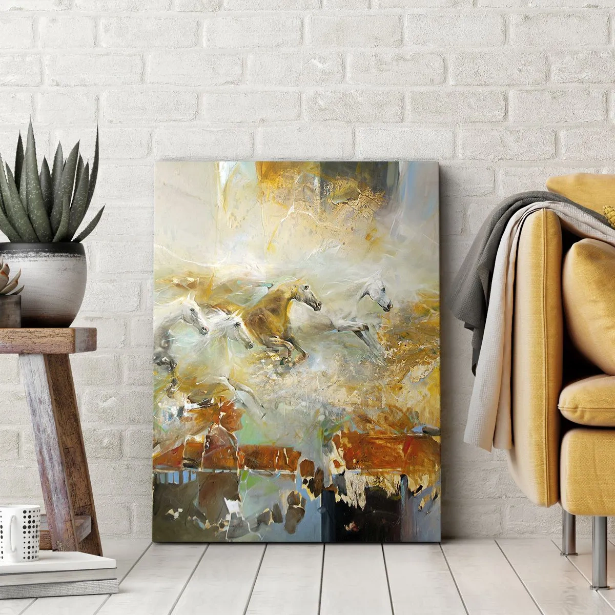 Bild auf Leinwand - Leinwandbild - Künstlerische Pferde in einer dynamischen, farbenfrohen Umgebung - 50x70cm - Im Galopp durch das Licht - Moderne Wanddekoration für Wohnzimmer und Schlafzimmer ARTTOR