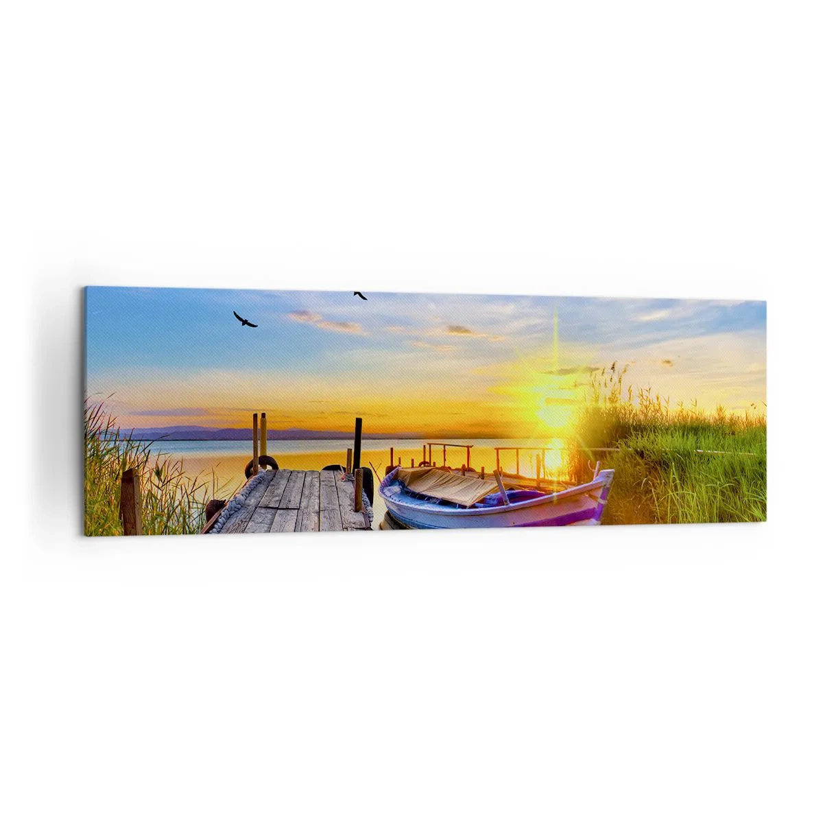Bild auf Leinwand - Leinwandbild - Ein Boot an einem Holzsteg bei Sonnenuntergang - 160x50cm - Bis morgen - Moderne Wanddekoration für Wohnzimmer und Schlafzimmer ARTTOR