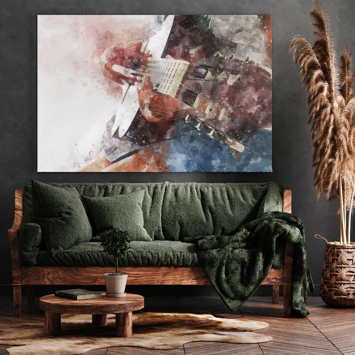 Bild auf Leinwand - Leinwandbild - Eine künstlerische Interpretation einer Gitarre im Aquarellstil - 70x50cm - Und was halten Sie davon? - Moderne Wanddekoration für Wohnzimmer und Schlafzimmer ARTTOR