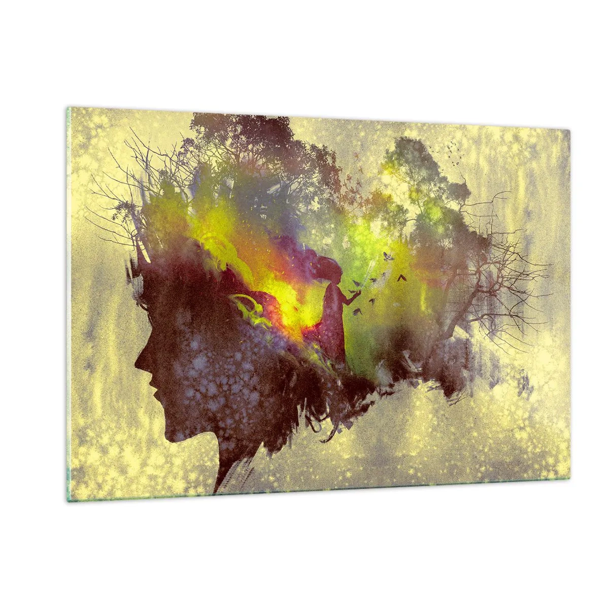 Glasbild - Bild auf glas - Das Gesichtsprofil einer Frau voller Natur und farbenfroher Effekte. - 120x80cm - Mutter Natur - Moderne Wanddekoration für Wohnzimmer und Schlafzimmer ARTTOR