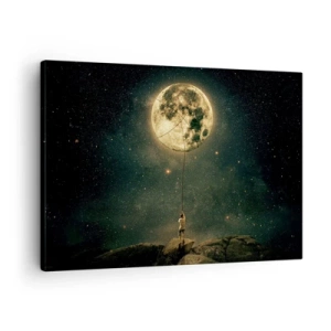 Bild auf Leinwand - Leinwandbild - Mann mit dem Mond vor dem Sternenhimmel - 70x50cm - Der Mann, der den Mond gestohlen hat - Moderne Wanddekoration für Wohnzimmer und Schlafzimmer ARTTOR
