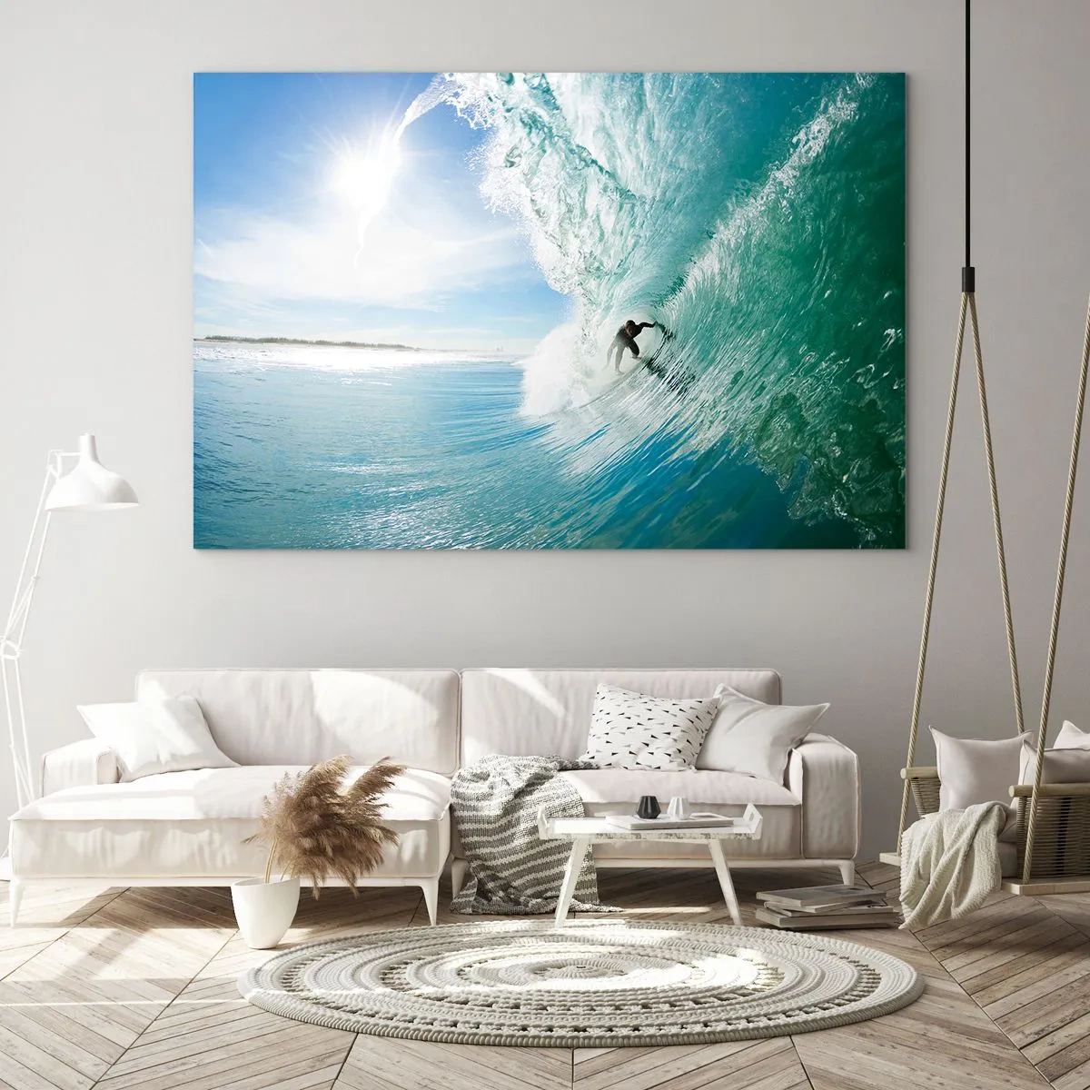 Glasbild - Bild auf glas - Ein Surfer reitet auf einer Welle vor blauem Himmel - 120x80cm - Immer Top - Moderne Wanddekoration für Wohnzimmer und Schlafzimmer ARTTOR