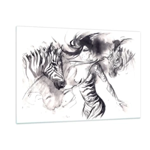 Glasbild - Bild auf glas - Schwarz-Weiß-Komposition mit einer Frau und einem Zebra im künstlerischen Stil - 120x80cm - Tanzen mit den Zebras - Moderne Wanddekoration für Wohnzimmer und Schlafzimmer ARTTOR