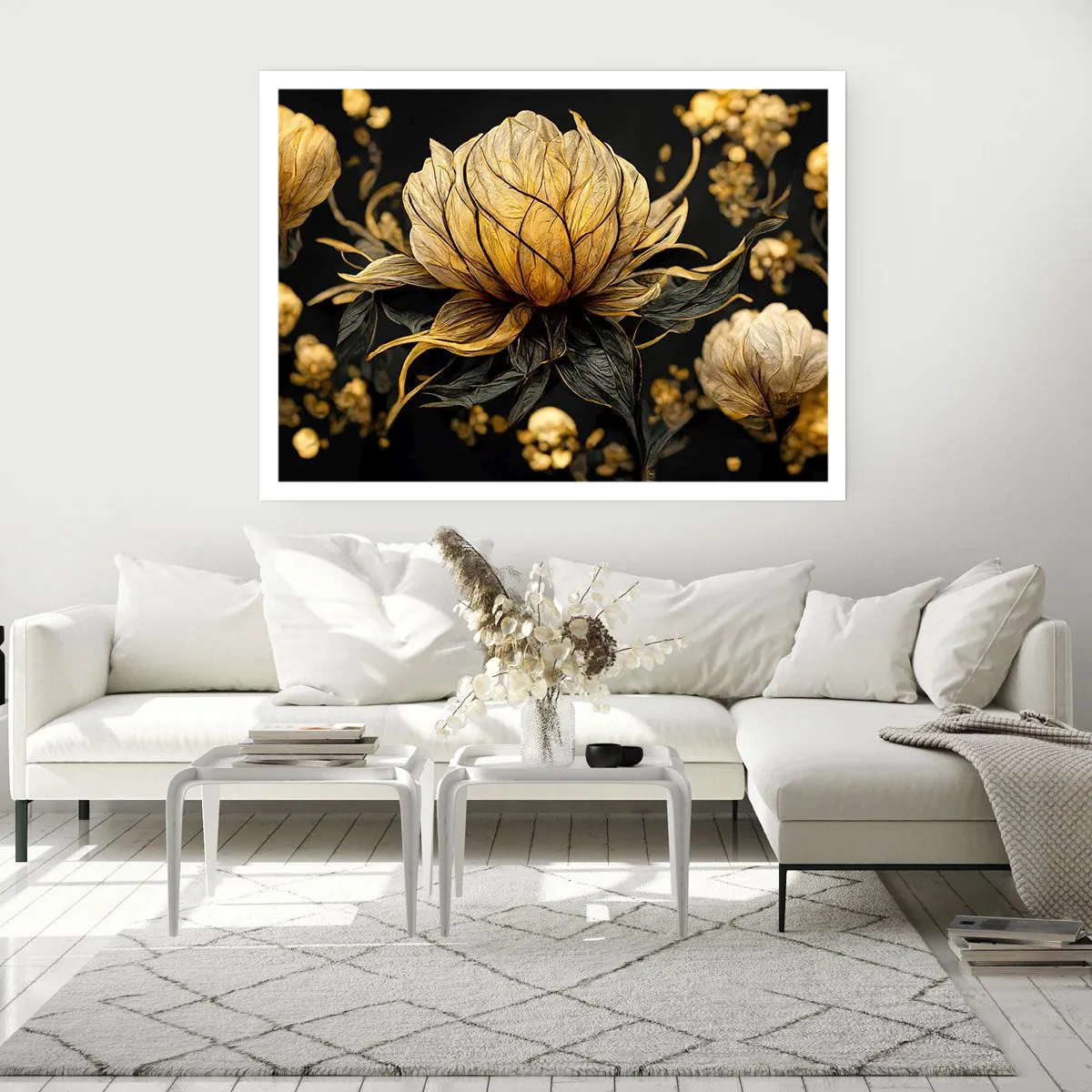 Poster - Goldene Blume auf dunklem Hintergrund - 100x70cm - Subtile Zerbrechlichkeit - Moderne Wanddekoration für Wohnzimmer und Schlafzimmer ARTTOR