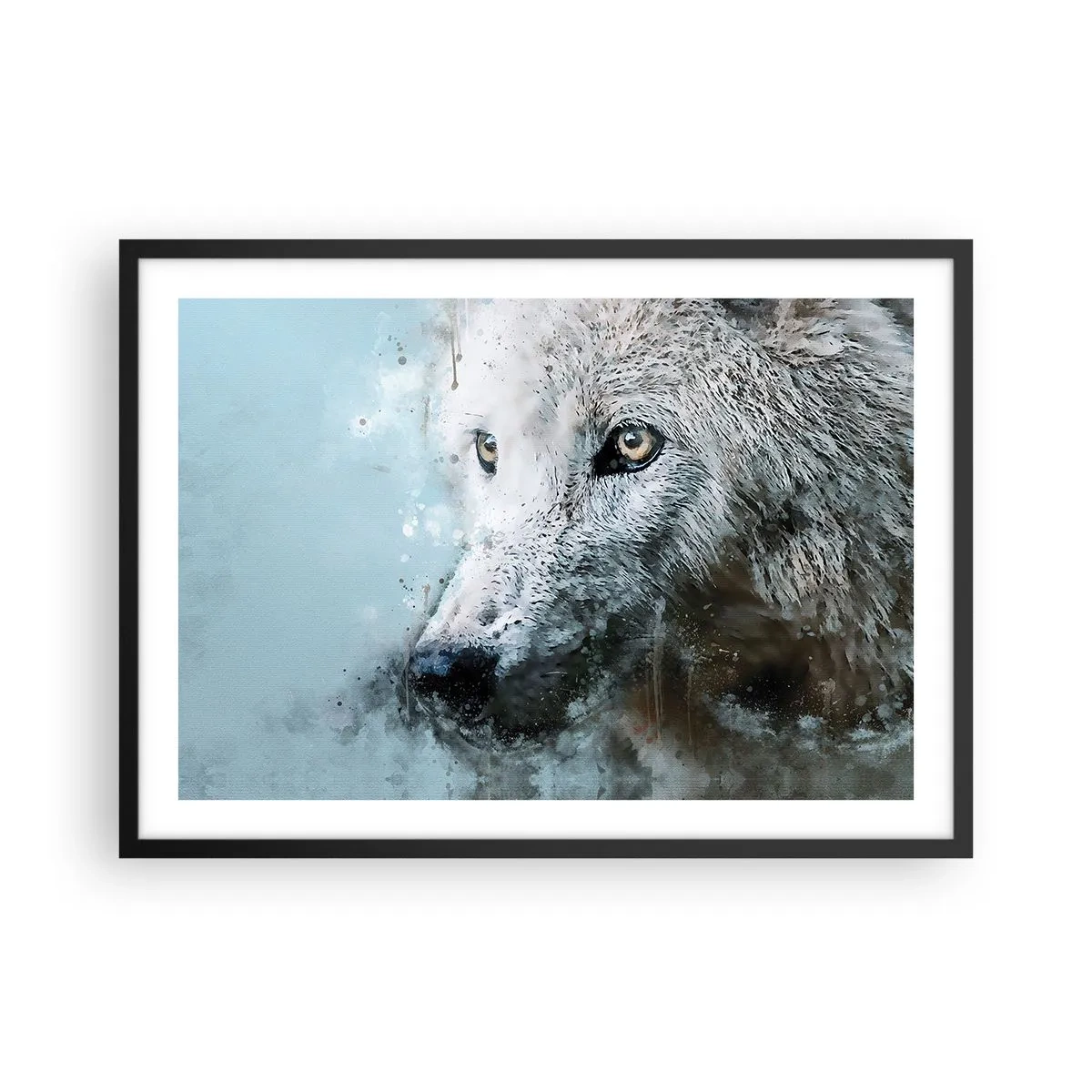 Poster in einem schwarzem Rahmen - Aquarellporträt eines Wolfes - 70x50cm - Lerne die Wolfsseele kennen - Moderne Wanddekoration für Wohnzimmer und Schlafzimmer ARTTOR