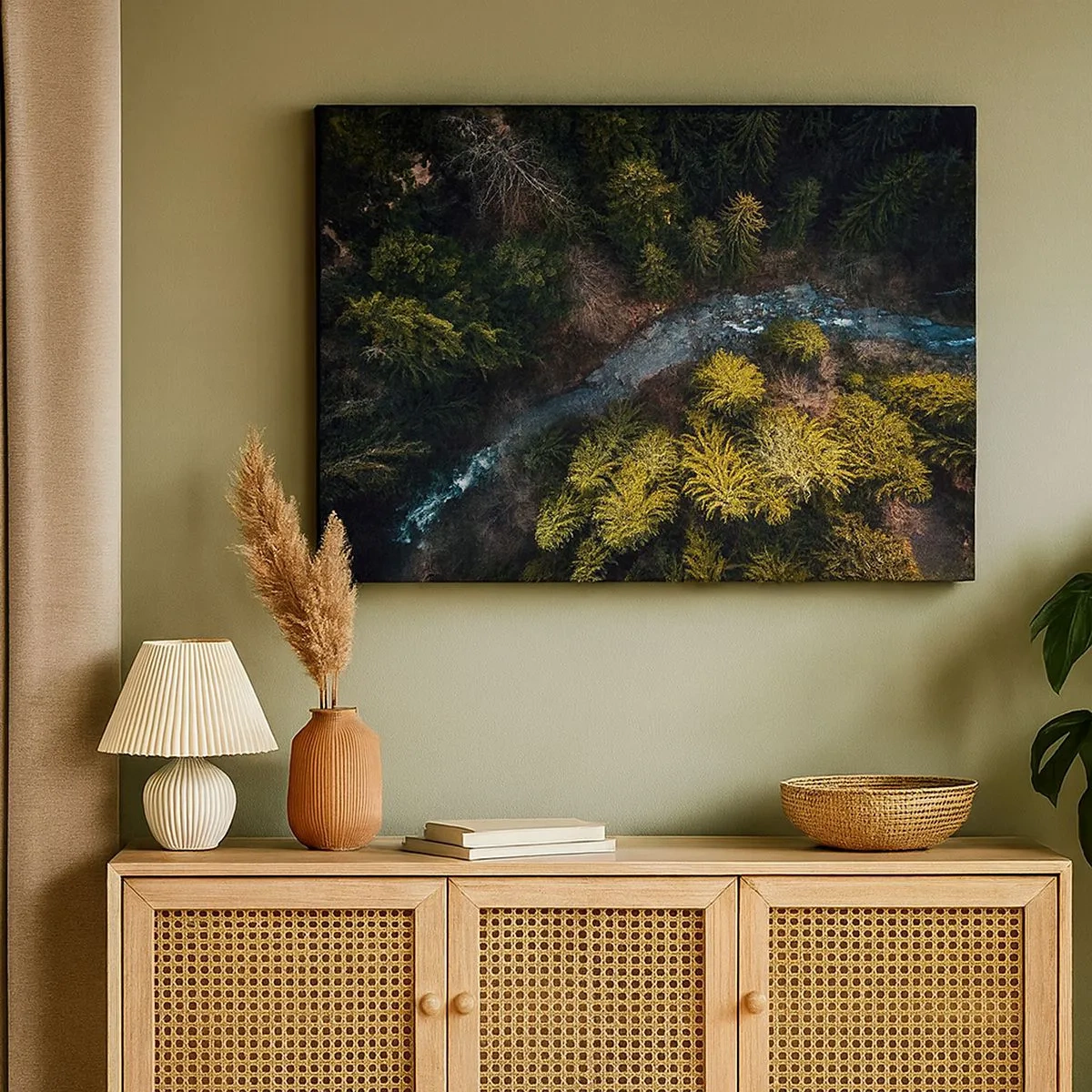 Bild auf Leinwand - Leinwandbild - Ein Blick von oben auf einen Wald mit einem gewundenen Fluss - 70x50cm - Schnell und immer schneller - Moderne Wanddekoration für Wohnzimmer und Schlafzimmer ARTTOR