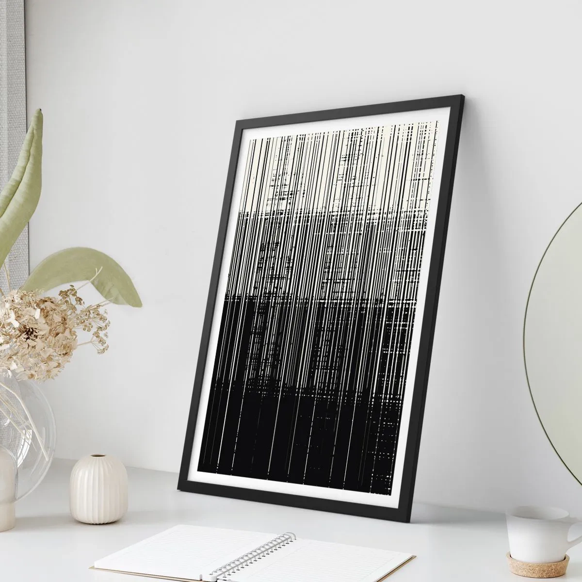 Poster in einem schwarzem Rahmen - Abstrakte Komposition aus schwarzen Linien auf weißem Hintergrund - 50x70cm - Wellen und Vibrationen - Moderne Wanddekoration für Wohnzimmer und Schlafzimmer ARTTOR