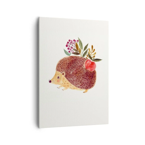 Bild auf Leinwand - Leinwandbild - Ein süßer Igel mit einem Apfel und Pflanzen im illustrativen Stil - 50x70cm - Und dann magst du mich schon - Moderne Wanddekoration für Wohnzimmer und Schlafzimmer ARTTOR