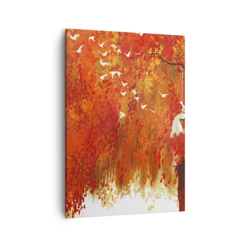 Bild auf Leinwand - Leinwandbild - Eine Figur auf einer Schaukel neben einem Baum, umgeben von roten Blättern - 50x70cm - Wird er mit ihnen fliegen? - Moderne Wanddekoration für Wohnzimmer und Schlafzimmer ARTTOR
