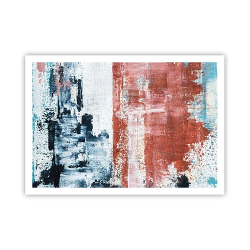 Poster - Abstraktion in Weiß-, Blau- und Ziegelfarben - 100x70cm - Fünfzig-Fünfzig abstrakt - Moderne Wanddekoration für Wohnzimmer und Schlafzimmer ARTTOR