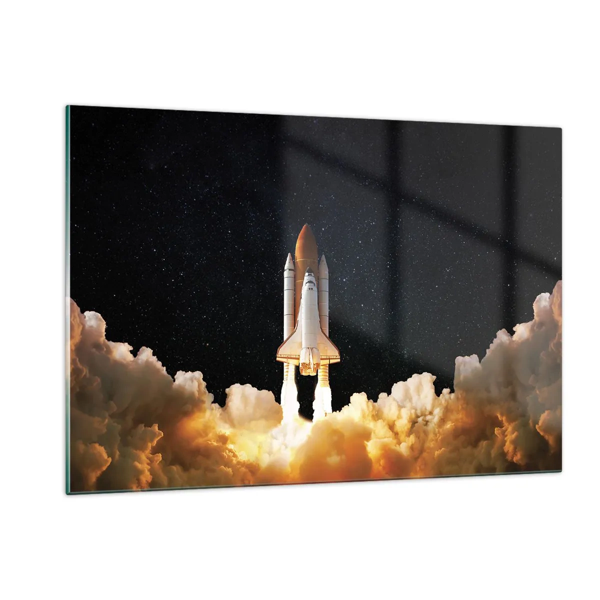 Glasbild - Bild auf glas - Ein Space Shuttle hebt vor einem Sternenhimmel ab - 120x80cm - Ad Astra! - Moderne Wanddekoration für Wohnzimmer und Schlafzimmer ARTTOR