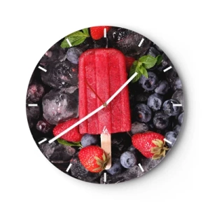 Wanduhr - Glasuhr - Fruchtiges Eis am Stiel mit gefrorenen Heidelbeeren und Erdbeeren - 30x30cm - So schmeckt der heiße Sommer - Moderne Wanddekoration für Wohnzimmer, Küche und Schlafzimmer ARTTOR