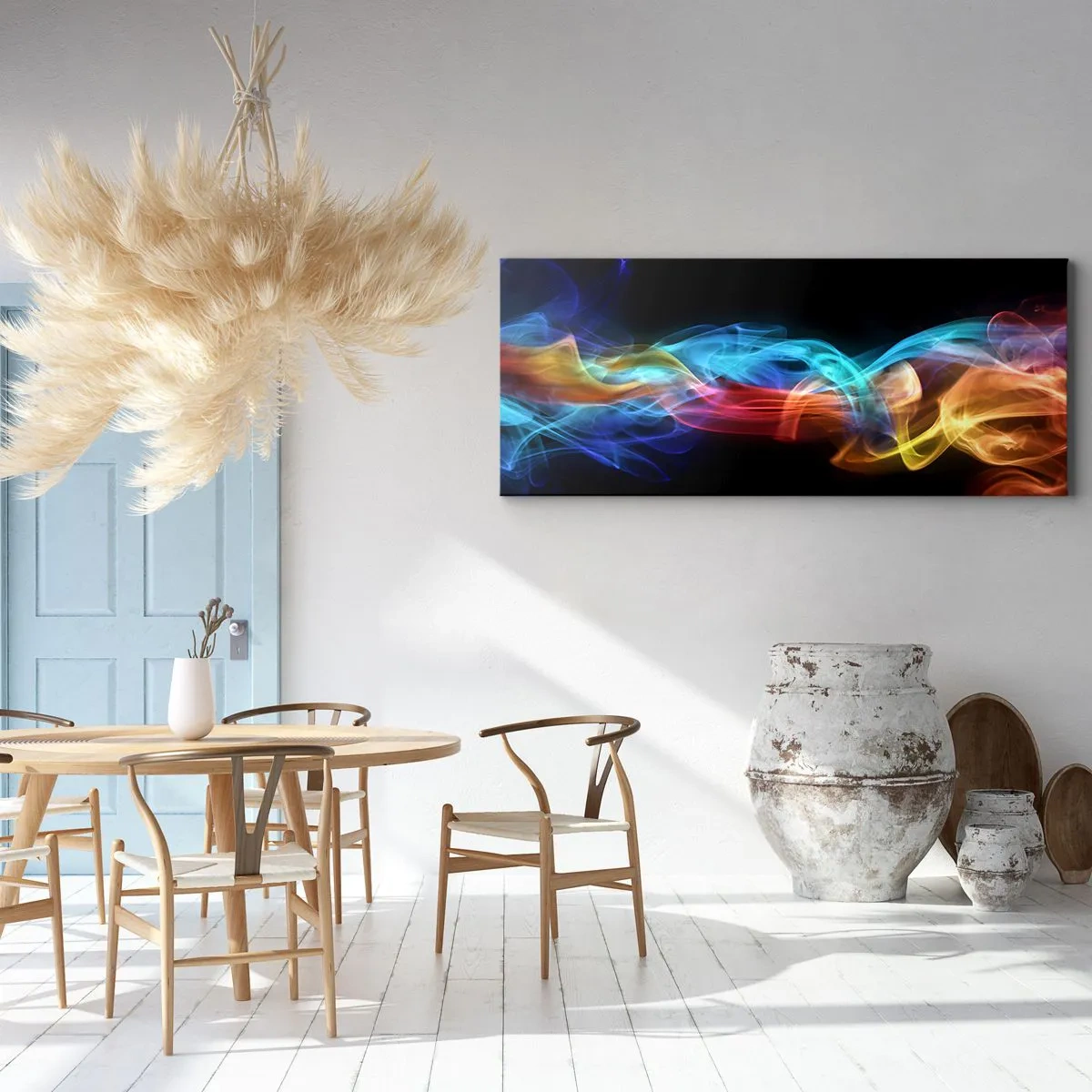 Bild auf Leinwand - Leinwandbild - Bunter Rauch auf schwarzem Hintergrund - 140x50cm - Regenbogentanz der Nebel - Moderne Wanddekoration für Wohnzimmer und Schlafzimmer ARTTOR