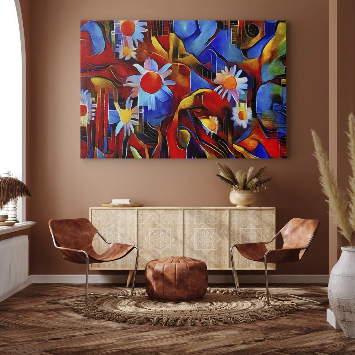 Bild auf Leinwand - Leinwandbild - Abstrakte Blumen vor einem Hintergrund aus geometrischen Mustern - 120x80cm - Die Farben des Lebens - Moderne Wanddekoration für Wohnzimmer und Schlafzimmer ARTTOR