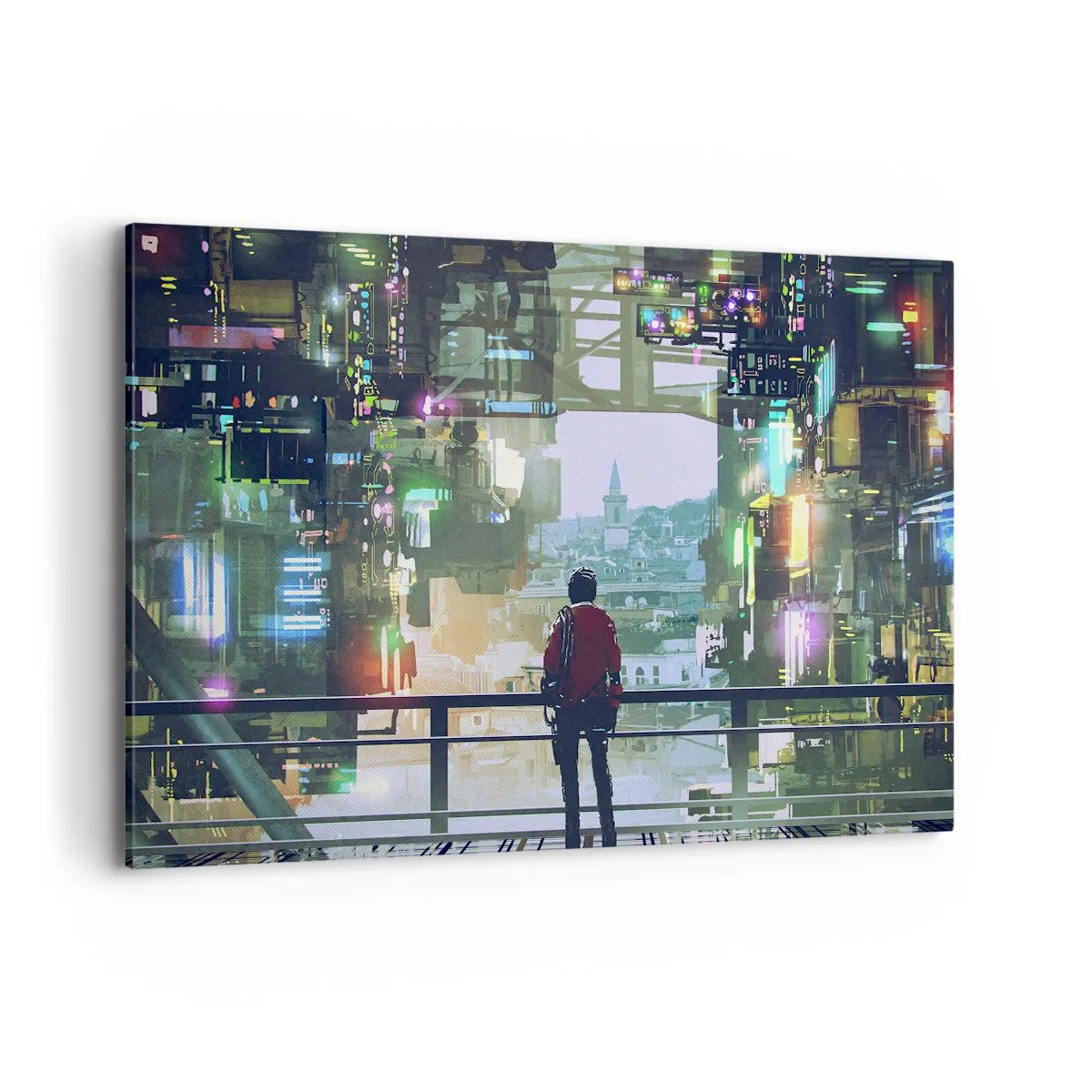 Bild auf Leinwand - Leinwandbild - Eine Figur in einer futuristischen Stadt mit Neonlichtern - 120x80cm - Zwei Welten - Moderne Wanddekoration für Wohnzimmer und Schlafzimmer ARTTOR