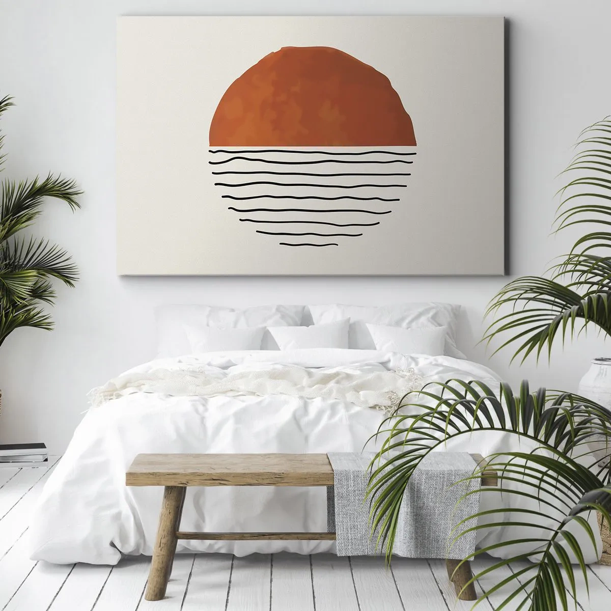 Bild auf Leinwand - Leinwandbild - Ein minimalistischer Sonnenuntergang über wellenartigen Linien - 120x80cm - Im japanischen Klima - Moderne Wanddekoration für Wohnzimmer und Schlafzimmer ARTTOR