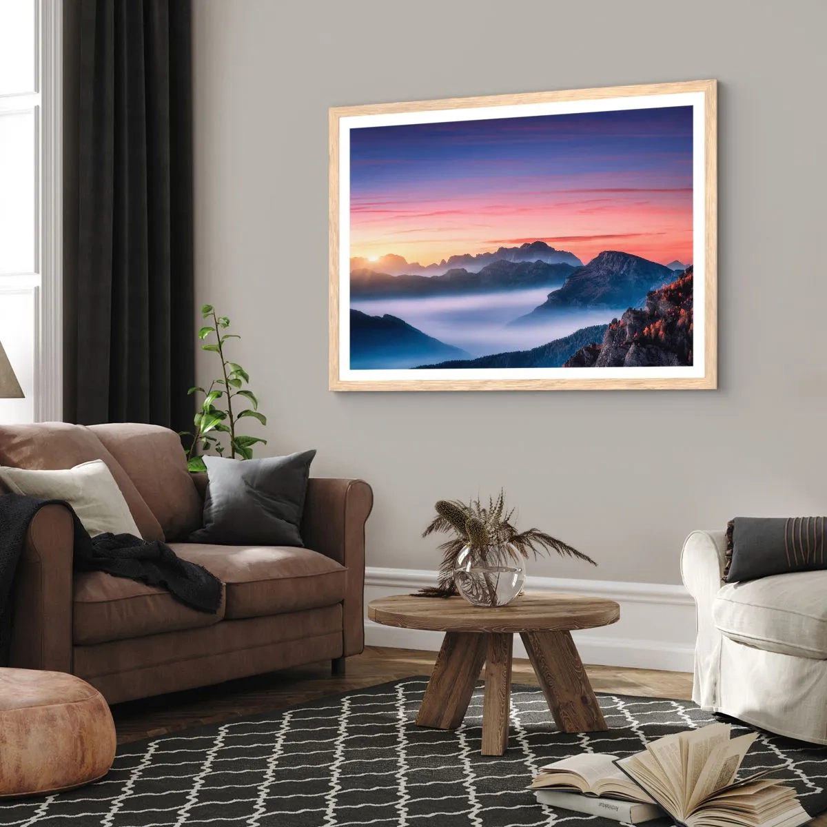 Poster in einem Rahmen aus heller Eiche - Über die Täler - 40x30 cm