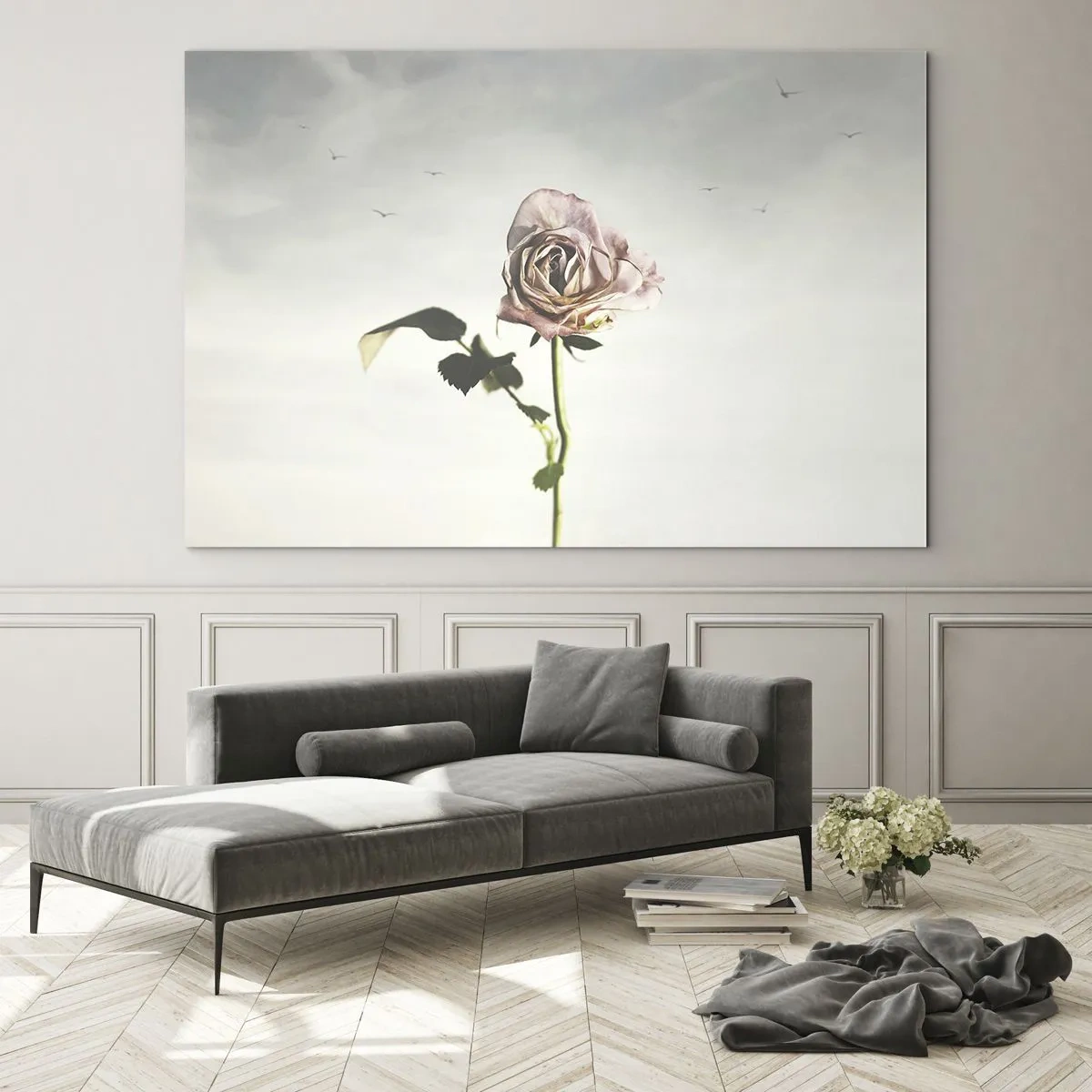 Glasbild - Bild auf glas - Eine zarte Rose vor dem Himmel mit fliegenden Vögeln - 70x50cm - Begrüßung des Frühlings - Moderne Wanddekoration für Wohnzimmer und Schlafzimmer ARTTOR