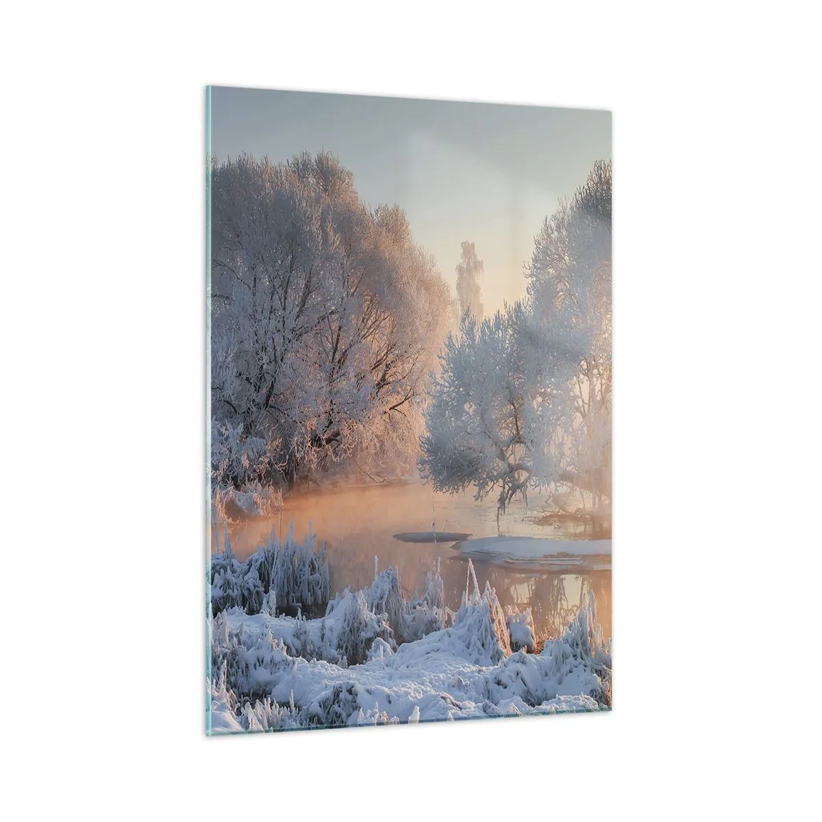 Glasbild - Bild auf glas - Winterlandschaft mit zugefrorenem See und Morgennebel - 50x70cm - Alles im Kristall glänzt in der Sonne - Moderne Wanddekoration für Wohnzimmer und Schlafzimmer ARTTOR