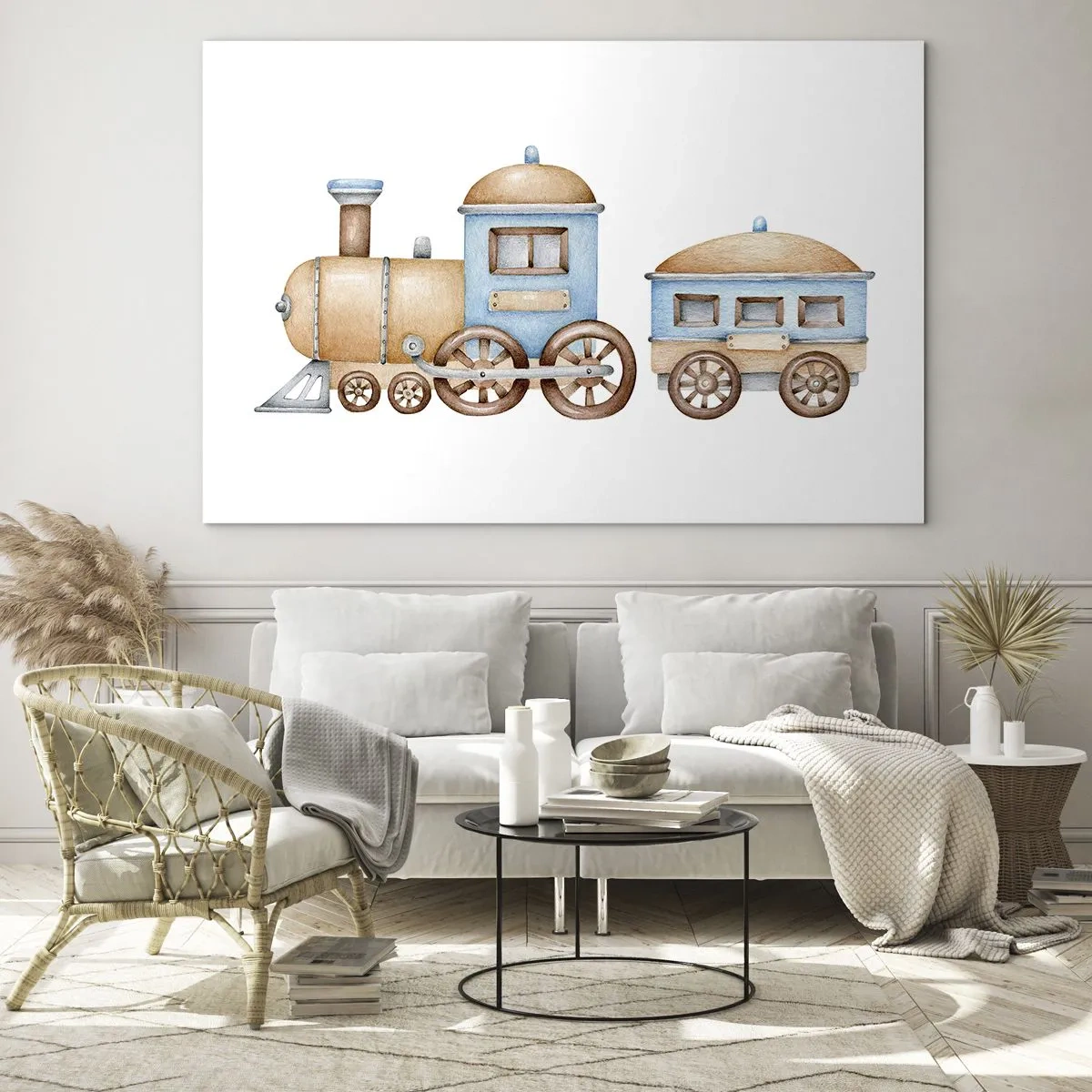 Glasbild - Bild auf glas - Illustration einer Dampflok in Blau- und Beigetönen auf weißem Hintergrund - 70x50cm - Am Bahnhof steht ... - Moderne Wanddekoration für Wohnzimmer und Schlafzimmer ARTTOR