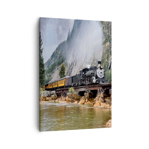 Bild auf Leinwand - Leinwandbild - Eine Dampflokomotive auf einer Brücke in einer malerischen Berglandschaft - 50x70cm - Wo willst du hin? Wohin? - Moderne Wanddekoration für Wohnzimmer und Schlafzimmer ARTTOR