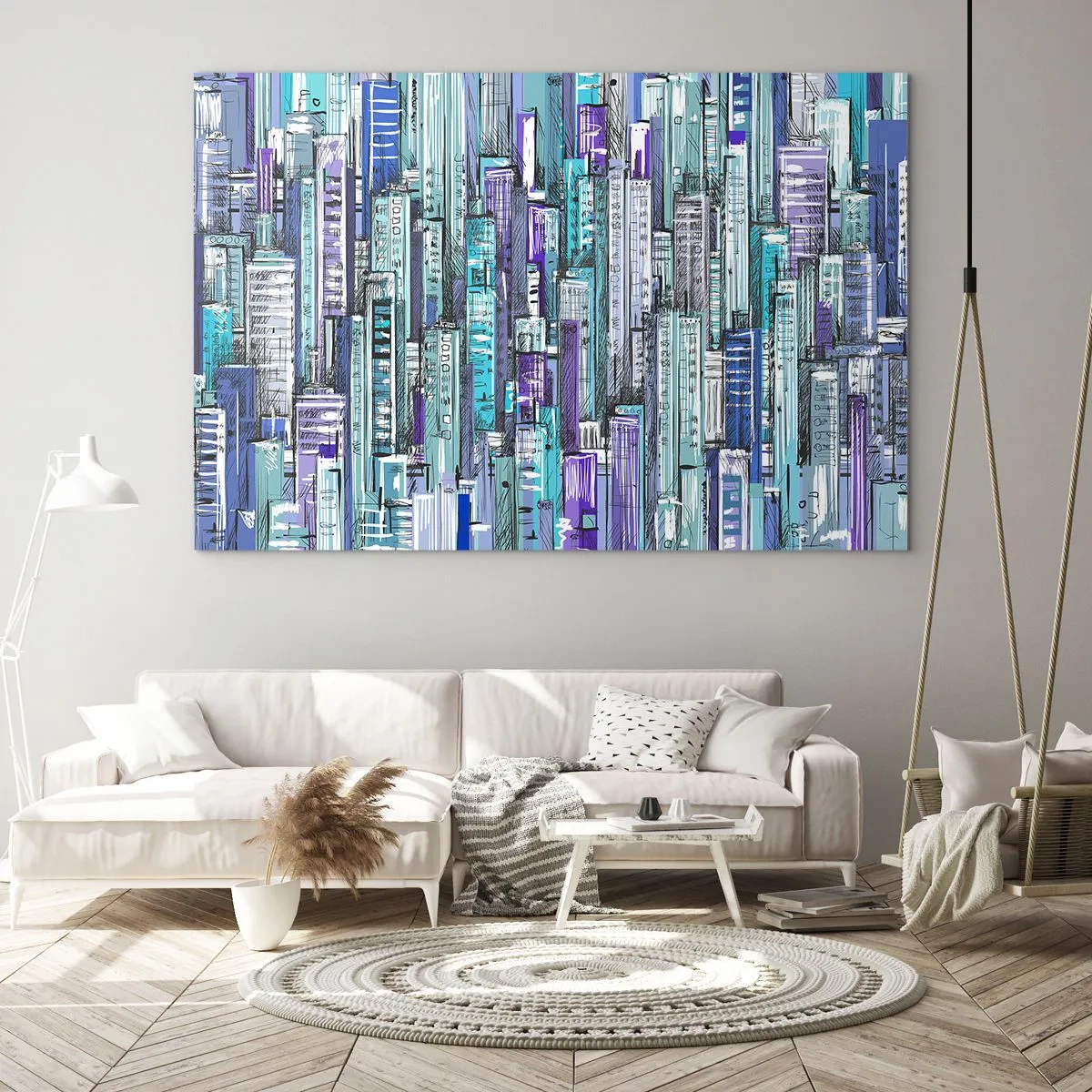 Glasbild - Bild auf glas - Illustration einer Stadt voller Wolkenkratzer in kühlen Farbtönen - 70x50cm - Bläulich von dem Himmel - Moderne Wanddekoration für Wohnzimmer und Schlafzimmer ARTTOR