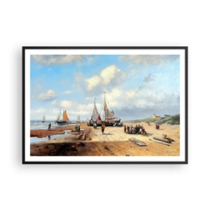 Poster in einem schwarzem Rahmen - Fischerboote am Strand mit menschlichen Figuren - 100x70cm - Nach einem erfolgreichen Fischfang - Moderne Wanddekoration für Wohnzimmer und Schlafzimmer ARTTOR