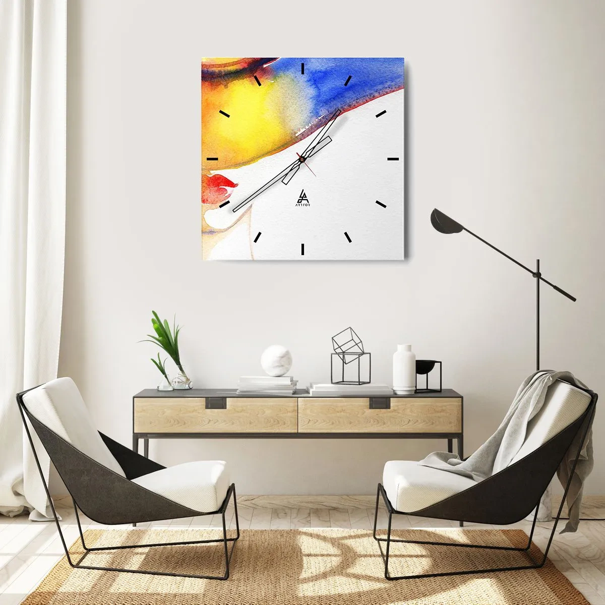 Wanduhr - Glasuhr - Ein minimalistisches Aquarellgemälde des Profils einer Frau mit einem bunten Hut. - 30x30cm - Bildnis einer Dame - Moderne Wanddekoration für Wohnzimmer und Schlafzimmer ARTTOR