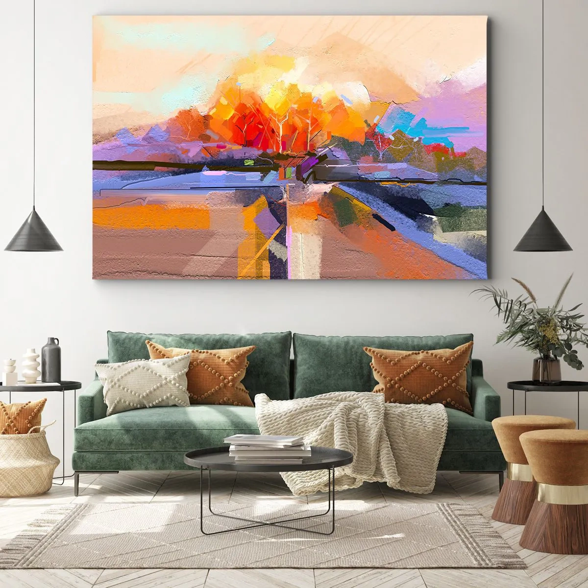 Bild auf Leinwand - Leinwandbild - Eine abstrakte Landschaft mit intensiven Herbstfarben. - 120x80cm - Der Herbst ist geworden - Moderne Wanddekoration für Wohnzimmer und Schlafzimmer ARTTOR