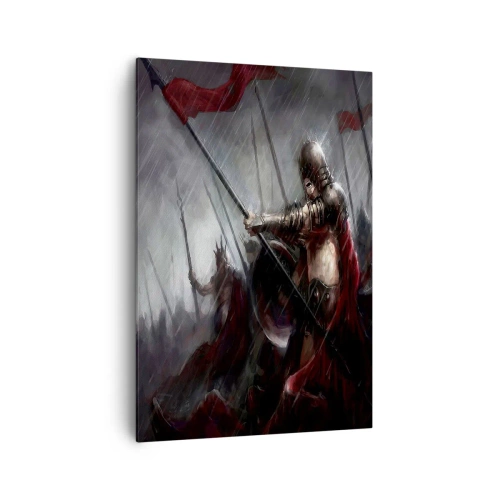 Bild auf Leinwand - Leinwandbild - Ritter marschieren im Regen zum Schlachtfeld - 70x100cm - Passant, sag Sparta ... - Moderne Wanddekoration für Wohnzimmer und Schlafzimmer ARTTOR