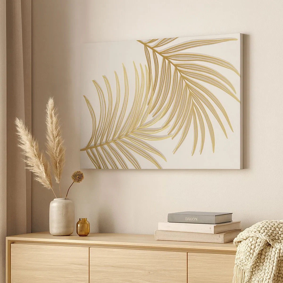 Bild auf Leinwand - Leinwandbild - Goldene Palmblätter auf hellem Hintergrund im minimalistischen Stil - 70x50cm - Goldene Palme! - Moderne Wanddekoration für Wohnzimmer und Schlafzimmer ARTTOR