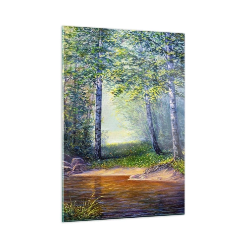 Glasbild - Bild auf glas - Ein Waldbach, umgeben von Bäumen in den Sonnenstrahlen - 50x70cm - Idyllische Landschaft - Moderne Wanddekoration für Wohnzimmer und Schlafzimmer ARTTOR