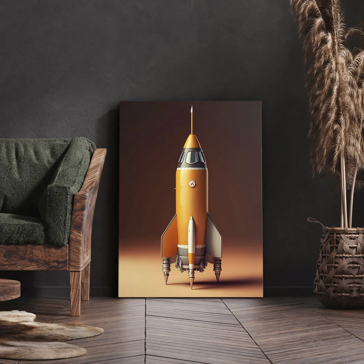 Bild auf Leinwand - Leinwandbild - Eine Rakete im Retro-Stil vor einem Hintergrund in Brauntönen - 50x70cm - Es beginnt mit einem Traum - Moderne Wanddekoration für Wohnzimmer und Schlafzimmer ARTTOR