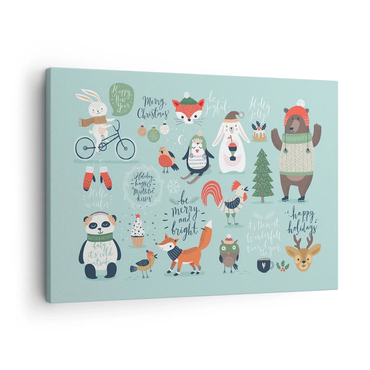 Bild auf Leinwand - Leinwandbild - Weihnachtsillustration von Tieren in winterlicher Atmosphäre - 70x50cm - Möge es immer Weihnachten sein! - Moderne Wanddekoration für Wohnzimmer und Schlafzimmer ARTTOR