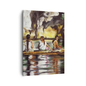 Bild auf Leinwand - Leinwandbild - Frauen in einem Boot auf einem ruhigen Fluss mit malerischer Kulisse - 50x70cm - In einem polynesischen Paradies - Moderne Wanddekoration für Wohnzimmer und Schlafzimmer ARTTOR