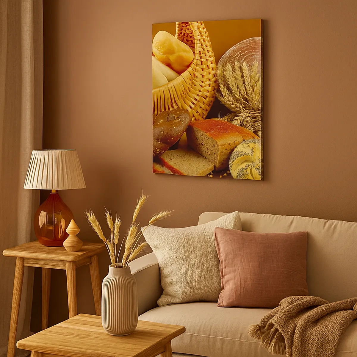 Bild auf Leinwand - Leinwandbild - Verschiedene Brotsorten in einem Weidenkorb auf goldenem Hintergrund - 50x70cm - Wir sind wieder davongekommen - Moderne Wanddekoration für Wohnzimmer und Schlafzimmer ARTTOR