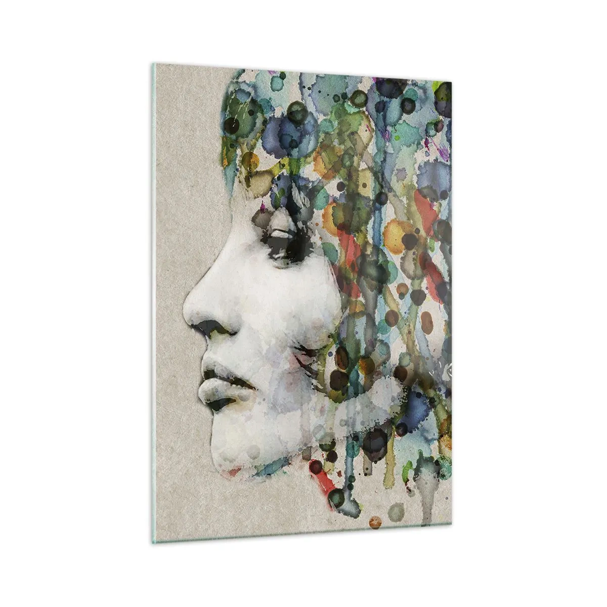 Glasbild - Bild auf glas - Frauenportrait mit abstrakten Farbakzenten - 50x70cm - Sie tauchte aus dem Grau auf - Moderne Wanddekoration für Wohnzimmer und Schlafzimmer ARTTOR