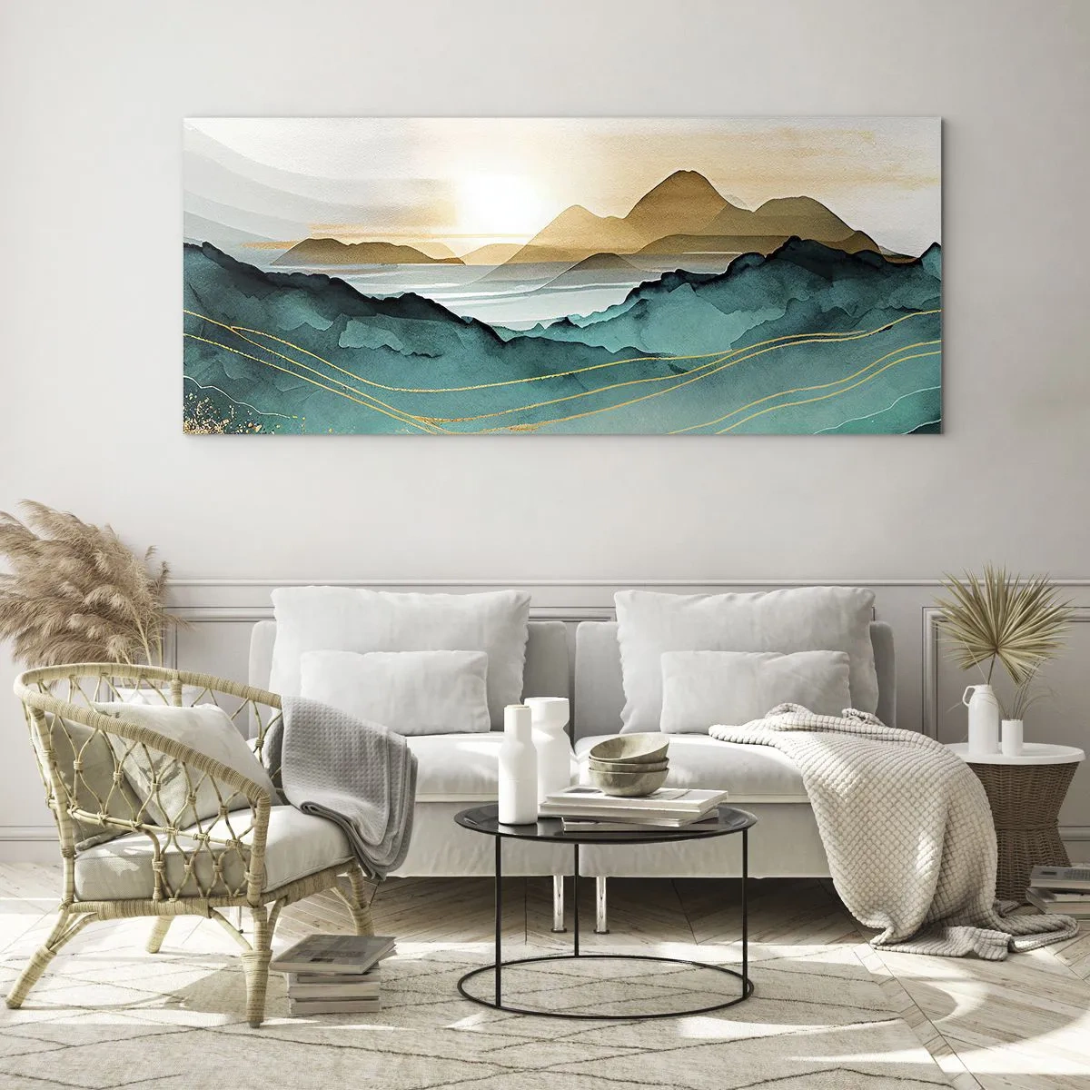 Glasbild - Bild auf glas - Abstrakte Landschaft mit Bergen und goldenen Akzenten - 120x50cm - Am Rande der Abstraktion – Landschaft - Moderne Wanddekoration für Wohnzimmer und Schlafzimmer ARTTOR