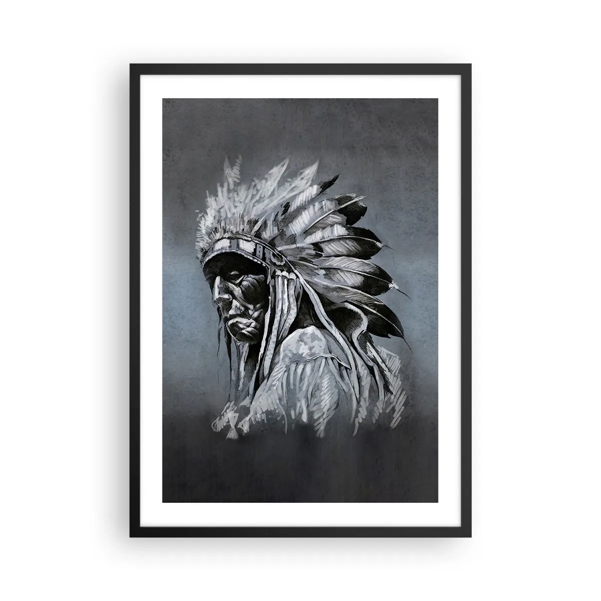 Poster in einem schwarzem Rahmen - Porträt eines Indianerhäuptlings mit Federschmuck vor grauem Hintergrund - 50x70cm - Zurück zu den Wurzeln - Moderne Wanddekoration für Wohnzimmer und Schlafzimmer ARTTOR