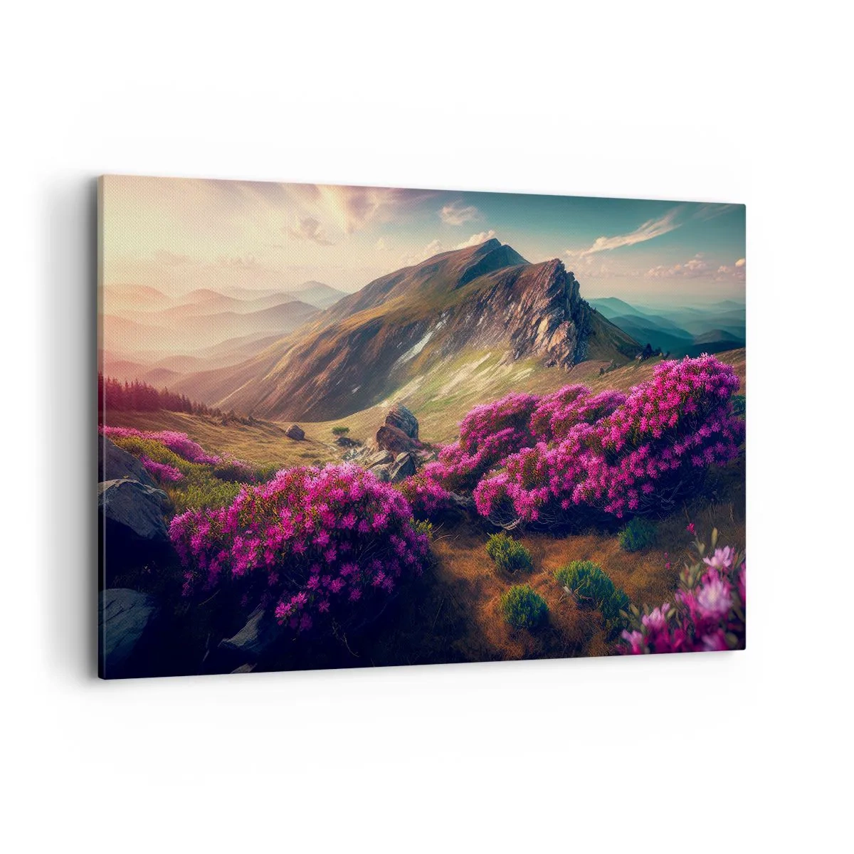 Bild auf Leinwand - Leinwandbild - Berglandschaft mit blühenden Rhododendren - 120x80cm - Sommer in den Bergen - Moderne Wanddekoration für Wohnzimmer und Schlafzimmer ARTTOR