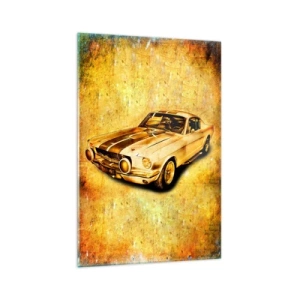 Glasbild - Bild auf glas - Klassischer Retro-Sportwagen auf Vintage-Hintergrund in Goldtönen - 70x100cm - Die verrückten 70er Jahre - Moderne Wanddekoration für Wohnzimmer und Schlafzimmer ARTTOR
