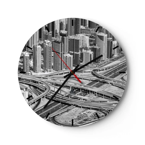 Wanduhr - Glasuhr - Ein Schwarzweißfoto einer Stadt mit einem dichten Autobahnnetz. - 30x30cm - Dubai - die unmögliche Stadt - Moderne Wanddekoration für Wohnzimmer, Küche und Schlafzimmer ARTTOR